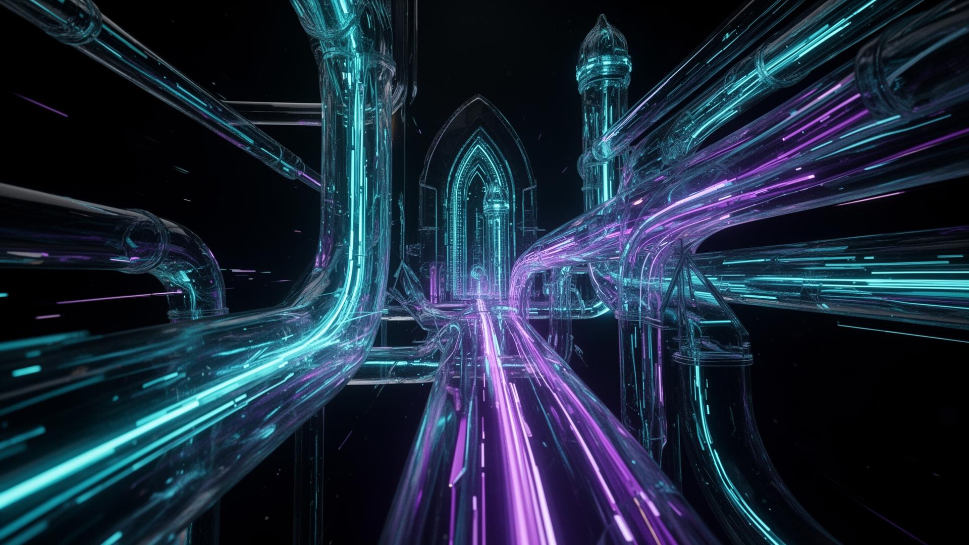 Capital flowing through a futuristic network of glass conduits
